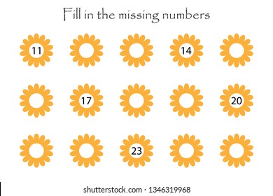 Game with flowers for children, fill in the missing numbers, middle level, education game for kids, school worksheet activity, task for the development of logical thinking, vector illustration