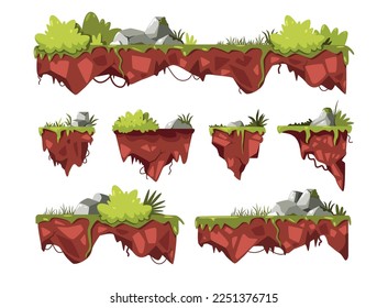 Game flying ground. Cartoon platforms with green grass bushes rocks hanging in air, floating of fantasy landscape for game. Vector set of ground game platform, landscape background illustration