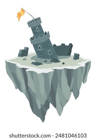Game flying island with ruin of castle. Flying platform of exotic nature game island. Colorful flat vector elements for fantasy computer or mobile game