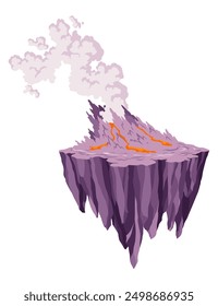 Game flying island with volcano. Flying platform of exotic nature game island. Colorful flat vector elements for fantasy computer or mobile game