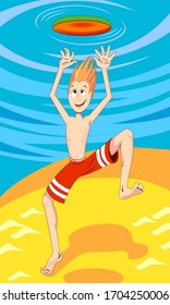 The game of a flying saucer, a disk. The guy jumps for a plate. Sunny day, beach.