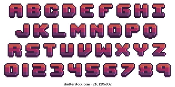 Game font in pixel art. 8-bit style letters and numbers. vector alphabet in pixel