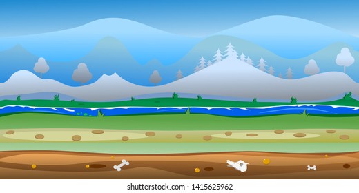 Game forest background Vector seamless. Forest scene with river, hills and sky, 100% vector. Resize to any size. Easy color change. 