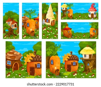 Game forest landscape. Cartoon fairy gnome houses, pixie forest dwelling in acorn, carrot and mushroom. Game fairy environment, level design vector background with elf funny shack or home