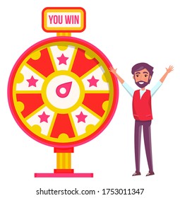 Concepto de la rueda de la fortuna del juego. Hombre jugando juego de riesgo con la rueda de la fortuna y la lotería. Casino y vector de juego. Ilustración de la fortuna del casino, juego del ganador de la rueda. El hombre ganó, alegremente levantó las manos