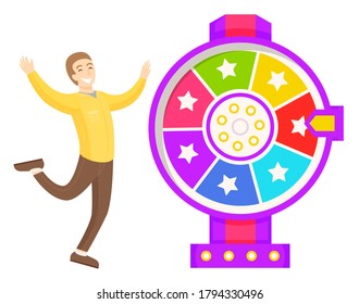 Game fortune wheel concept. Man playing risk game with fortune wheel and lottery. Casino and gambling vector. Illustration of casino fortune, wheel winner game. Man won, joyfully raised his hands up