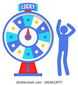 Game fortune wheel concept. Man playing risk game with fortune wheel and lottery. Casino and gambling vector. Illustration of casino fortune, wheel winner game. Man won, joyfully raised his hands up