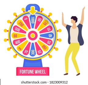 Game fortune wheel concept. Man playing risk game with fortune wheel and lottery. Casino and gambling vector. Illustration of casino fortune, wheel winner game. Man won, joyfully raised his hands up