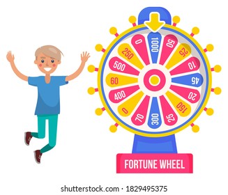 Game fortune wheel concept. Man playing risk game with fortune wheel and lottery. Casino and gambling. Illustration of casino fortune, wheel winner game. Man won, joyfully raised his hands up and jump