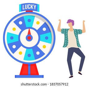 Game fortune wheel concept. Man playing risk game with fortune wheel and lottery. Casino and gambling vector. Illustration of casino fortune, wheel winner game. Man won, joyfully raised his hands up