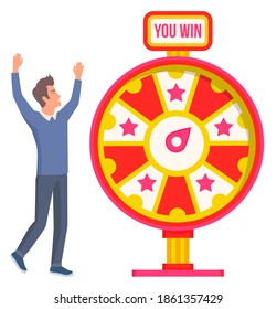 Game fortune wheel concept. Man playing risk game with fortune wheel and lottery. Casino and gambling vector. Illustration of casino fortune, wheel winner game. Man won, joyfully raised his hands up