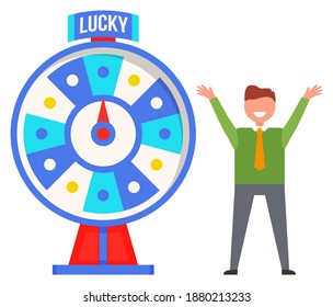 Game fortune wheel concept. Man playing risk game with fortune wheel and lottery. Casino and gambling vector. Illustration of casino fortune, wheel winner game. Man won, joyfully raised his hands up