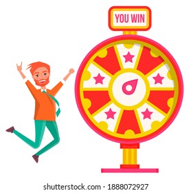 Game fortune wheel concept. Man playing risk game with fortune wheel and lottery. Casino and gambling vector. Illustration of casino fortune, wheel winner game. Man won, joyfully raised his hands up