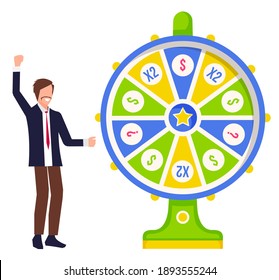 Game fortune wheel concept. Man playing risk game with fortune wheel and lottery. Casino and gambling vector. Illustration of casino fortune, wheel winner game. Man won, joyfully raised his hands up