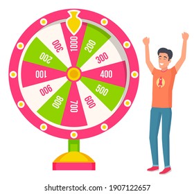 Game fortune wheel concept. Man playing risk game with fortune wheel and lottery. Casino and gambling vector. Illustration of casino fortune, wheel winner game. Man won, joyfully raised his hands up