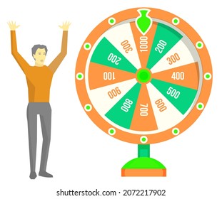 Game fortune wheel concept. Man playing risk game with fortune wheel and lottery. Casino and gambling vector. Illustration of casino fortune, wheel winner game. Man won, joyfully raised his hands up