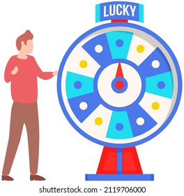 Game fortune wheel concept. Man playing risk game with fortune wheel and lottery. Casino and gambling vector. Illustration of casino fortune, wheel winner game. Man won, joyfully raised his hands up