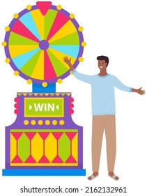 Game fortune wheel concept. Man playing risk game with fortune wheel and lottery. Casino and gambling, leisure vector. Casino fortune, wheel winner game. Indian man won, joyfully raised his hands up