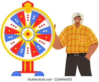 Game fortune wheel concept. Man playing risk game with roulette wheel and lottery. Casino and gambling, leisure vector. Casino felicity wheel winner game. Stylish man won, joyfully raised his hands up