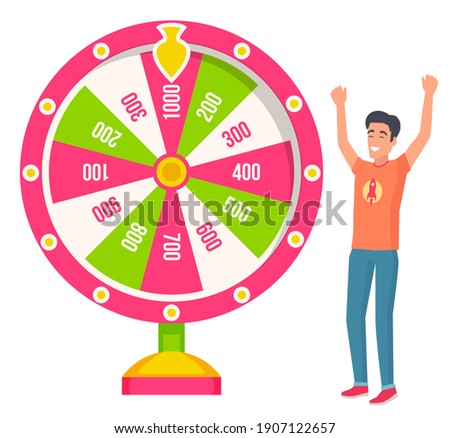 Game fortune wheel concept. Man playing risk game with fortune wheel and lottery. Casino and gambling vector. Illustration of casino fortune, wheel winner game. Man won, joyfully raised his hands up