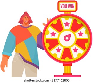 Game fortune wheel concept. Woman playing risk game with roulette wheel and lottery. Casino and gambling, leisure. Casino felicity wheel winner game. Stylish woman won, joyfully raised his hands up