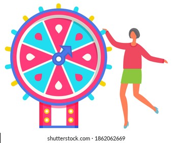 Game fortune wheel. Girl playing risk game with fortune wheel and lottery. Casino and gambling vector. Illustration of casino fortune, wheel winner game. Woman won, joyfully raised her hands up