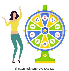 Game fortune wheel. Girl playing risk game with fortune wheel and lottery. Casino and gambling vector. Illustration of casino fortune, wheel winner game. Woman won, joyfully raised her hands up