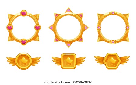 Game frame circle gold avatar fantasy ui border design element isolated set. Vector graphic design element illustration