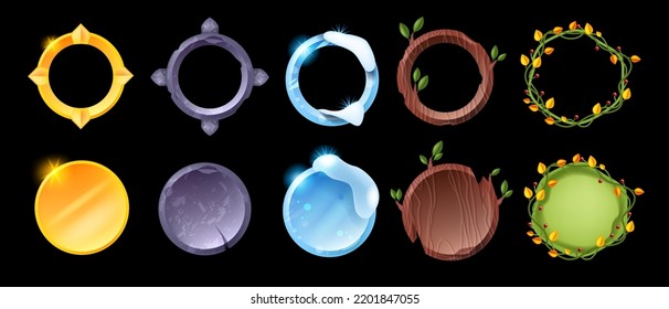 Game frame set, round level up title, UI vector avatar border kit, circle fantasy RPG nature badge. Empty decorative assets, stone ice golden wooden ranking design element. Game frame collection