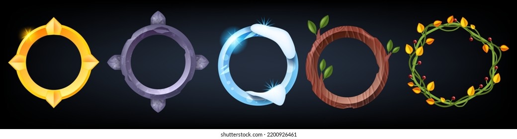 Game frame set, UI vector avatar border kit, circle fantasy RPG nature badge, round level up title. Stone ice golden wooden ranking design element, empty decorative assets. Game frame collection