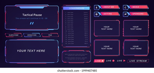 Game frame. Stream overlay banner with buttons and video player UI template. Futuristic live interface. Isolated streaming show graphic tags mockup. Vector square digital elements set - Shutterstock ID 1999407485