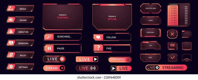 Game Frame. Streaming Interface Elements, Button Icon Frame Futuristic Layout Asset, HUD Live Broadcast Dashboard Collection. Vector Pop Up Stream Set Of Frame Game Interface Element Illustration