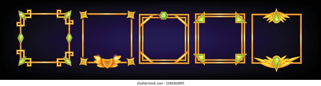 Game frame vector set, avatar UI fantasy RPG gold border, medieval ancient facecam menu, green gem. Shiny square interface design element, vintage metal screen asset kit. Game frame ranking clipart