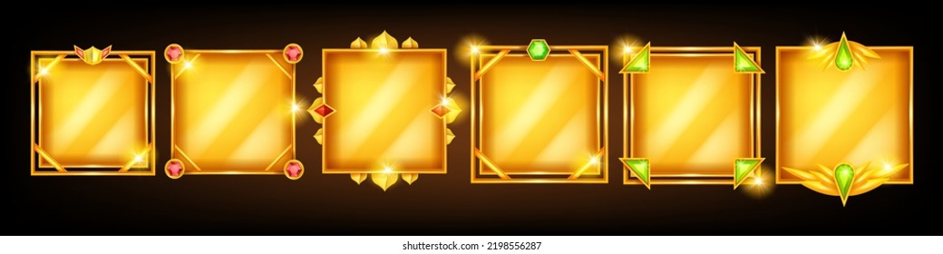 Game frame vector set, avatar UI fantasy RPG gold border, medieval ancient facecam menu, red gem. Vintage metal screen asset kit, shiny square interface design element. Game frame ranking clipart