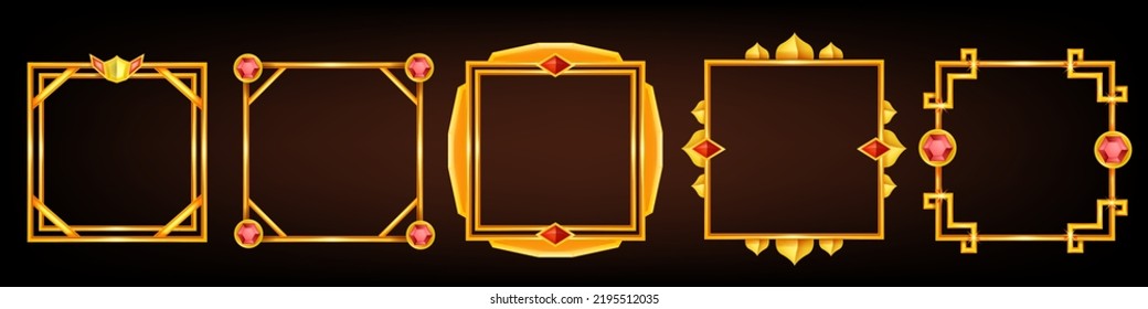 Game frame vector set, medieval ancient facecam menu, avatar UI fantasy RPG gold border, red gem. Shiny square interface design element, vintage metal screen asset kit. Game frame ranking clipart