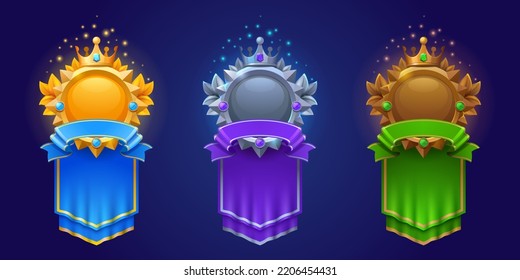 Game Frames For Avatar Or Level Rate. Empty Gold, Silver And Bronze Award Badges With Royal Banners, Ui Icons. Isolated Bonus Graphic Elements, Reward, Trophy Achievement And Prize Cartoon Vector Set