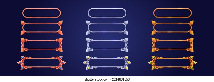 Marcos de juego, bronce, dorado y plateado, bordes horizontales con armaduras ornamentales, gemas. Las placas de nivel Ui evolucionan de simple a lujo. Elementos gui gráficos de dibujos animados aislados para rpg, mmo o app, conjunto de vectores