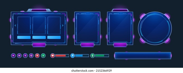 Game frames and buttons in sci fi style. Menu, game assets and design elements for user interface. Vector cartoon set of futuristic panels, health, money and energy bars