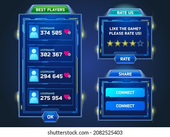 Game frames in sci fi style with best players list, rate and share banners. Vector cartoon set of blue futuristic gui elements, board with winners usernames, feedback with stars and connect buttons