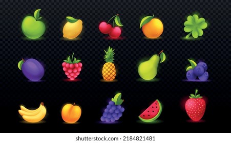 Game fruits set. Collection of icons for online casino and slot machines on copy space. Gambling and fortune, luck. Apple, pineapple, pear. Cartoon 3D vector illustrations on transparent background