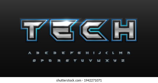 Game futurism alphabet. Techno silver font with glow. Cyber sport type for modern futuristic logo, headline, monogram, video game lettering and typography. Space letters, vector typographic design