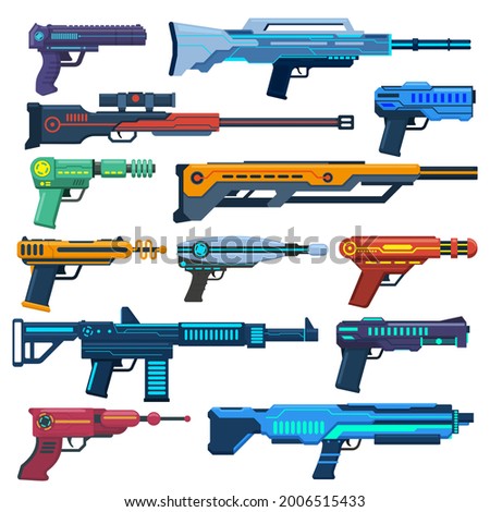 Game futuristic blasters. Space aliens laser, space blasters, guns and rifles for children playing vector illustration set. Futuristic pistols elements for game, toy for entertainment