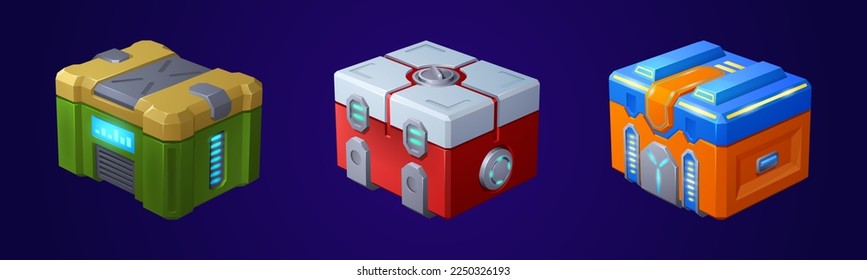 Game futuristic boxes, future technology chests. Icons of sci-fi equipment, loot boxes with electronic lock and display with neon light, vector cartoon illustration isolated on background