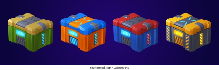 Game futuristic boxes, future technology chests. Icons of sci-fi equipment, loot boxes with electronic lock and display with neon light, vector cartoon illustration isolated on background