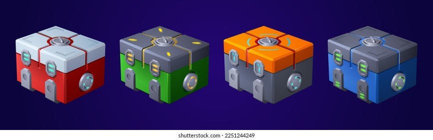 Game futuristic boxes, future technology chests. Icons of sci-fi equipment, loot boxes with electronic lock and display with neon light, vector cartoon illustration isolated on background