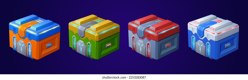 Game futuristic boxes, future technology chests. Icons of sci-fi equipment, loot boxes with electronic lock and display with neon light, vector cartoon illustration isolated on background