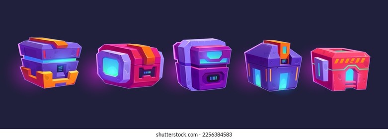 Game futuristic boxes, future technology chests. Icons of sci-fi equipment, loot boxes with electronic lock and display with neon light, vector cartoon illustration isolated on background