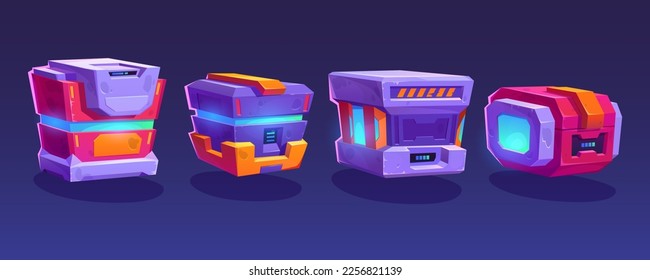 Game futuristic boxes, future technology chests. Icons of sci-fi equipment, loot boxes with electronic lock and display with neon light, vector cartoon illustration isolated on background