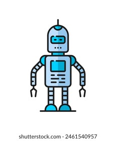 Game futuristic droid, retro robot, alien humanoid virtual bot thin line color icon. Industry future machine humanoid robot, autopilot artificial intelligence bot or alien cyborg outline vector symbol