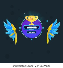 Juego Futurista Hud Sci Fi Frame UI Pop Up Ventana Recompensa Página Winner Cup Wings Moneda Azul Púrpura Ronda Militar Vector Diseño